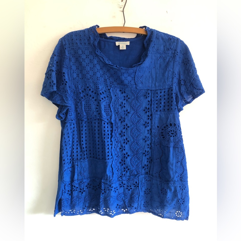 Sundance Blouse Womens M Blue Eyelet Block Tunic Top Short Sleeve